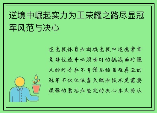 逆境中崛起实力为王荣耀之路尽显冠军风范与决心