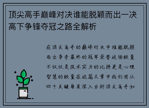 顶尖高手巅峰对决谁能脱颖而出一决高下争锋夺冠之路全解析