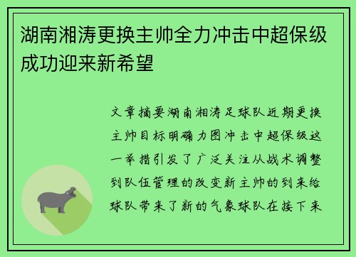 湖南湘涛更换主帅全力冲击中超保级成功迎来新希望