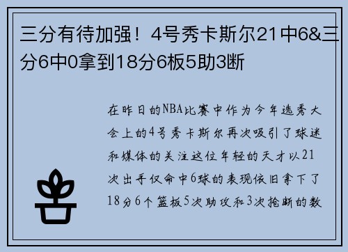 三分有待加强！4号秀卡斯尔21中6&三分6中0拿到18分6板5助3断