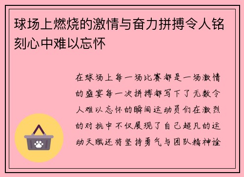 球场上燃烧的激情与奋力拼搏令人铭刻心中难以忘怀