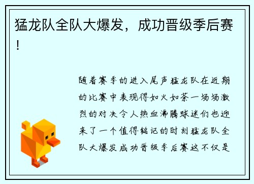 猛龙队全队大爆发，成功晋级季后赛！