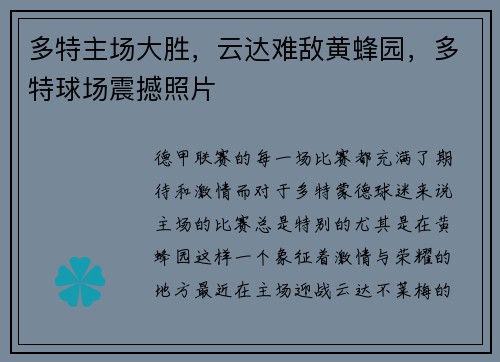 多特主场大胜，云达难敌黄蜂园，多特球场震撼照片