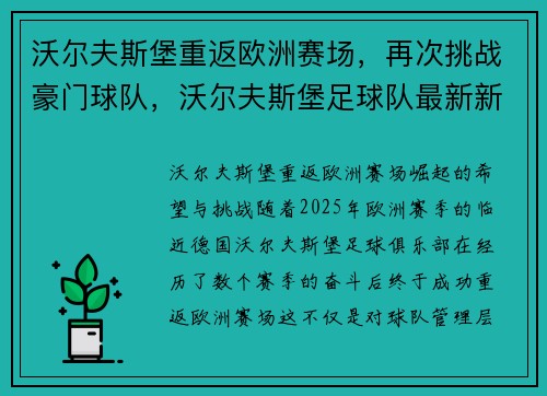 沃尔夫斯堡重返欧洲赛场，再次挑战豪门球队，沃尔夫斯堡足球队最新新闻