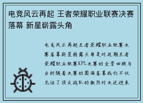 电竞风云再起 王者荣耀职业联赛决赛落幕 新星崭露头角