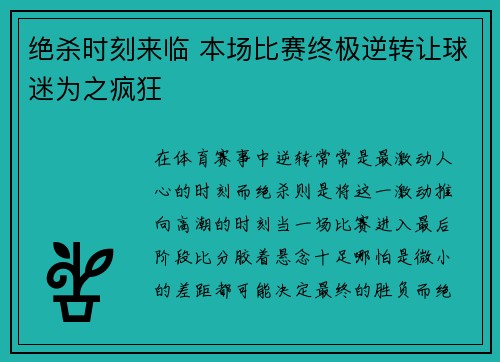 绝杀时刻来临 本场比赛终极逆转让球迷为之疯狂