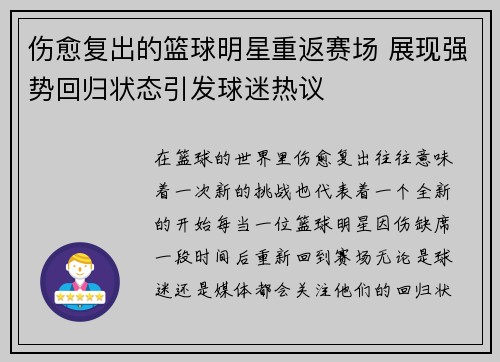 伤愈复出的篮球明星重返赛场 展现强势回归状态引发球迷热议