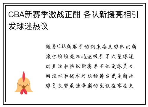 CBA新赛季激战正酣 各队新援亮相引发球迷热议